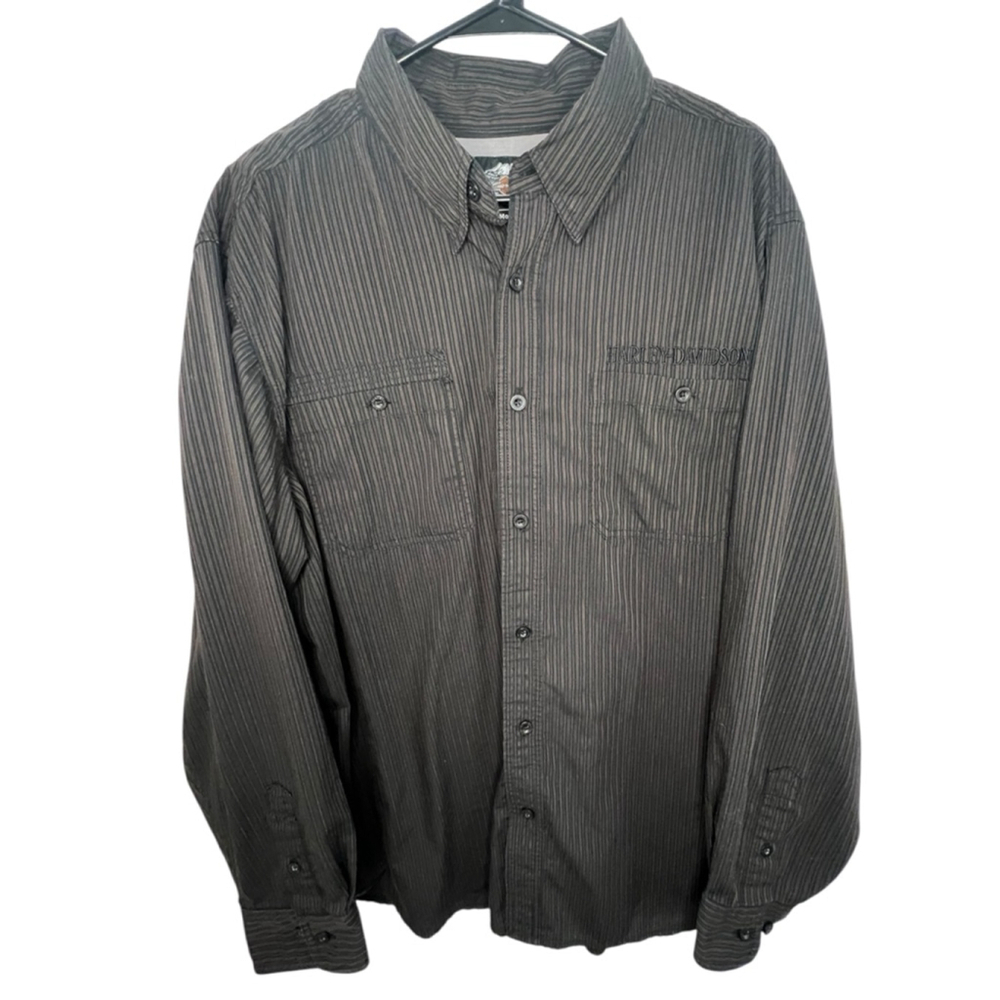 Harley Davidson Long Sleeve Pinstriped Button Up Collared Shirt With Patches